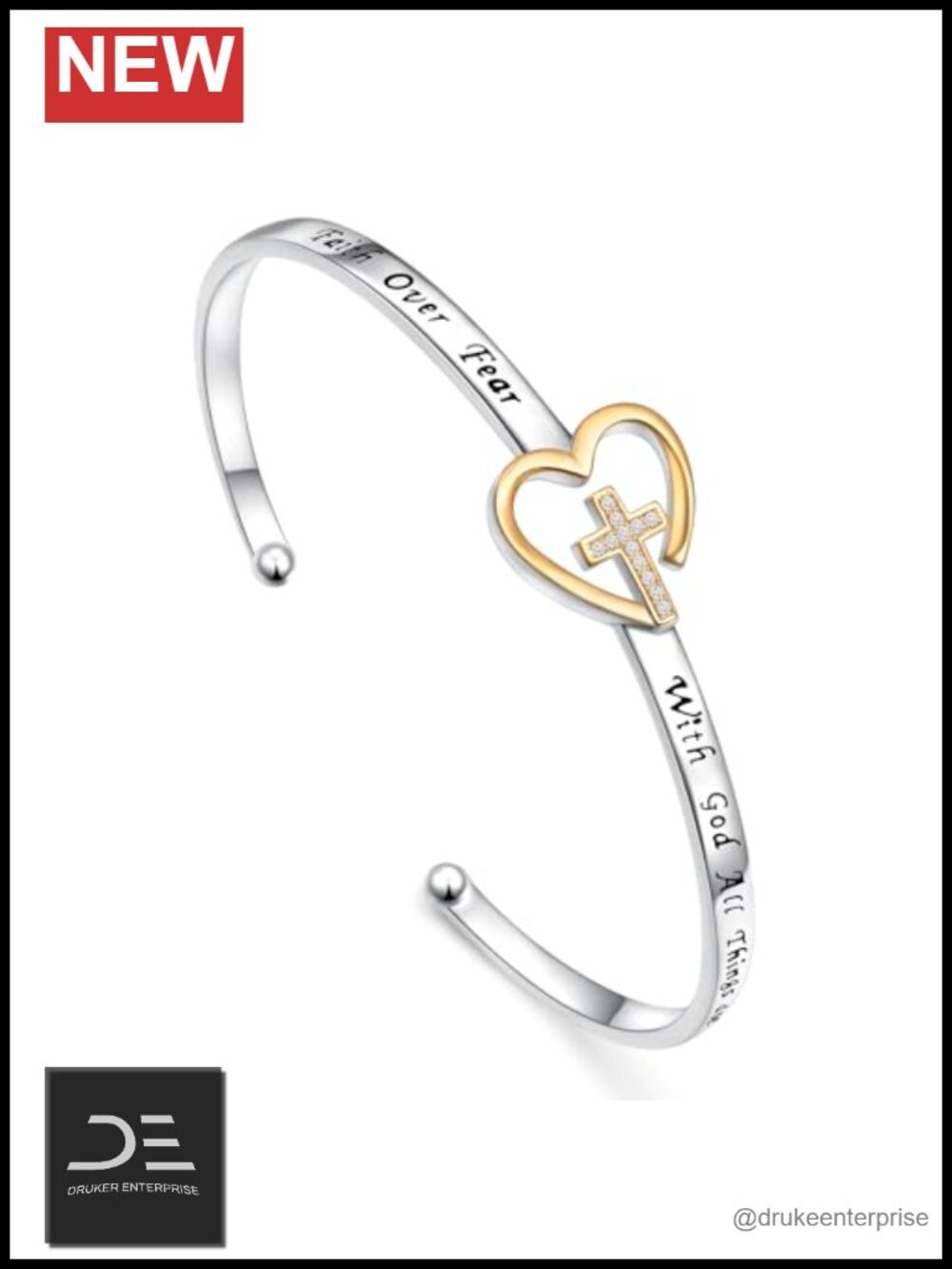 925 Sterling Silver Faith Over Fear Cross Cuff Bracelet Christian Jewelry Gift